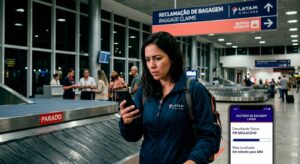 Passageiro consultando o status de rastreamento de bagagem da LATAM no smartphone dentro da área de desembarque.