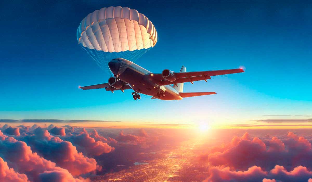 Avião comercial com paraquedas no céu.