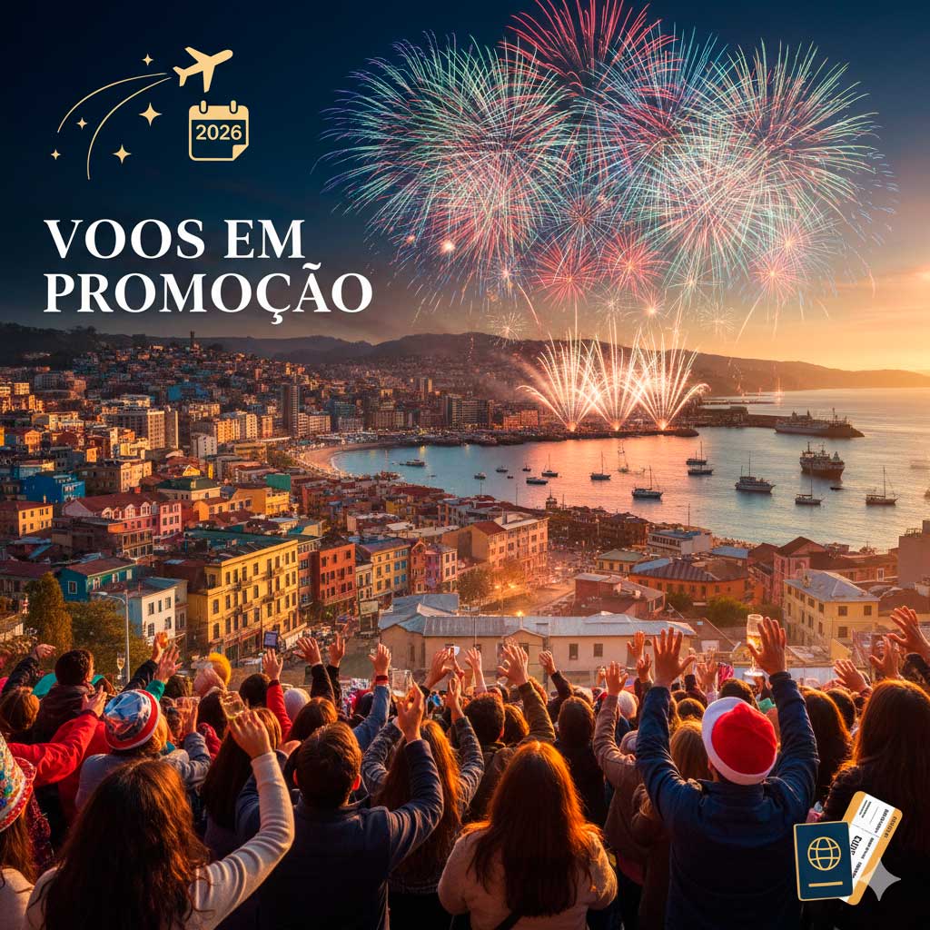 Réveillon 2026 no Chile com voos em promoção. Passagens aéreas em oferta para destinos do Chile no Ano Novo.