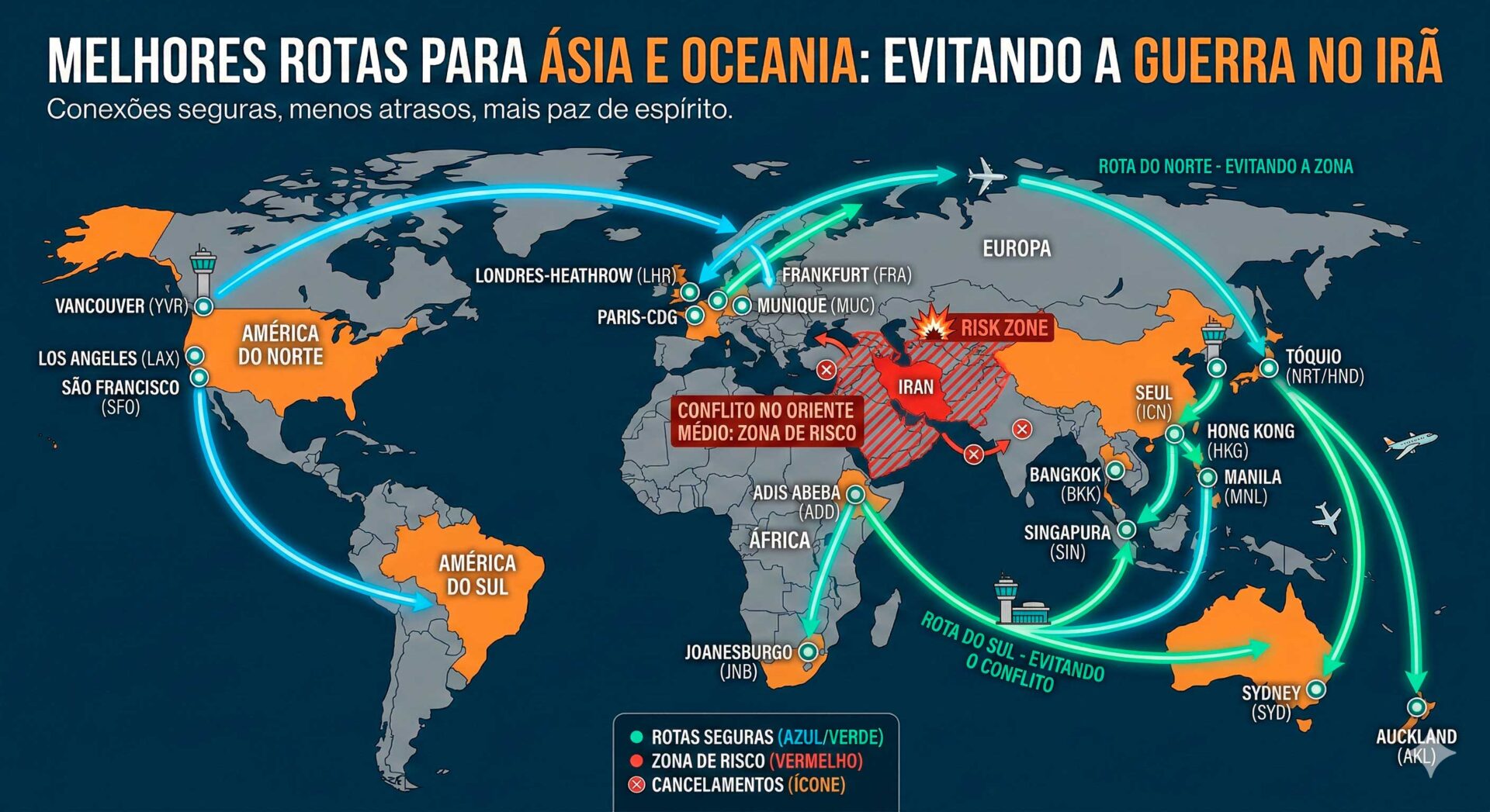 Melhores aeroportos para viajar para a Ásia e Oceania, evitando a guerra do Irã?