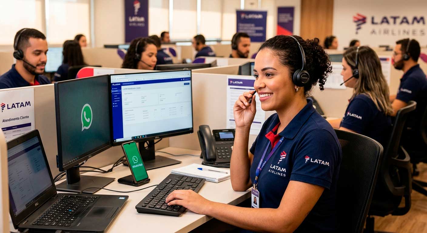 Atendente de suporte telefônico com fone de ouvido para atendimento do telefone da LATAM Linhas Aéreas.